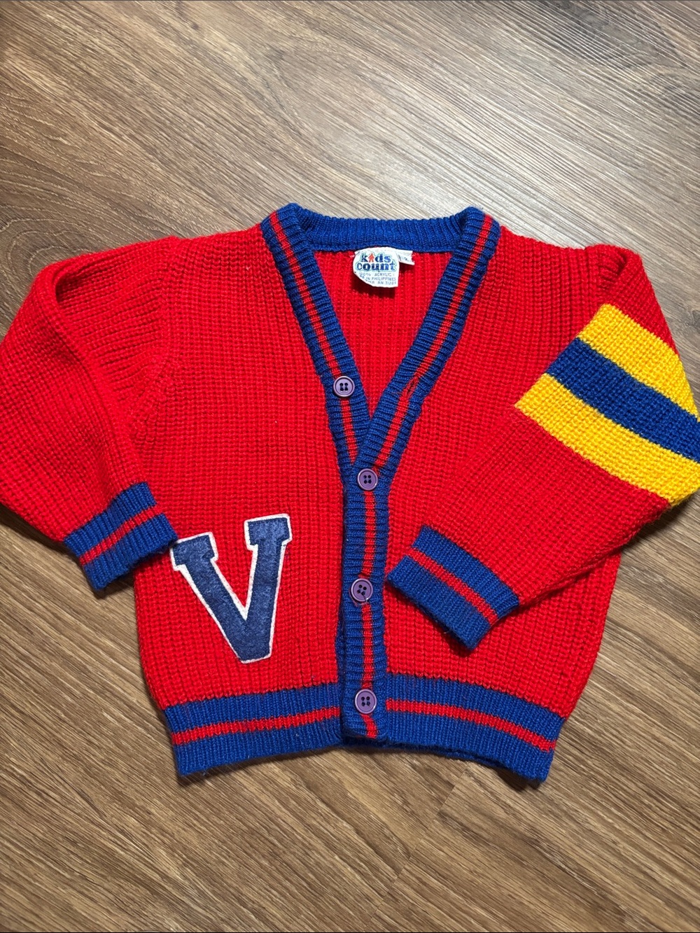 Vintage 80s Kids Count Varsity Cardigan Sweater Red Blue collegiate 2T primary